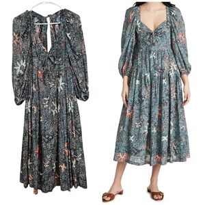 Ulla Johnson Kemala Milkmaid Floral Sleeve Peasent Prairie Midi Vneck Dress